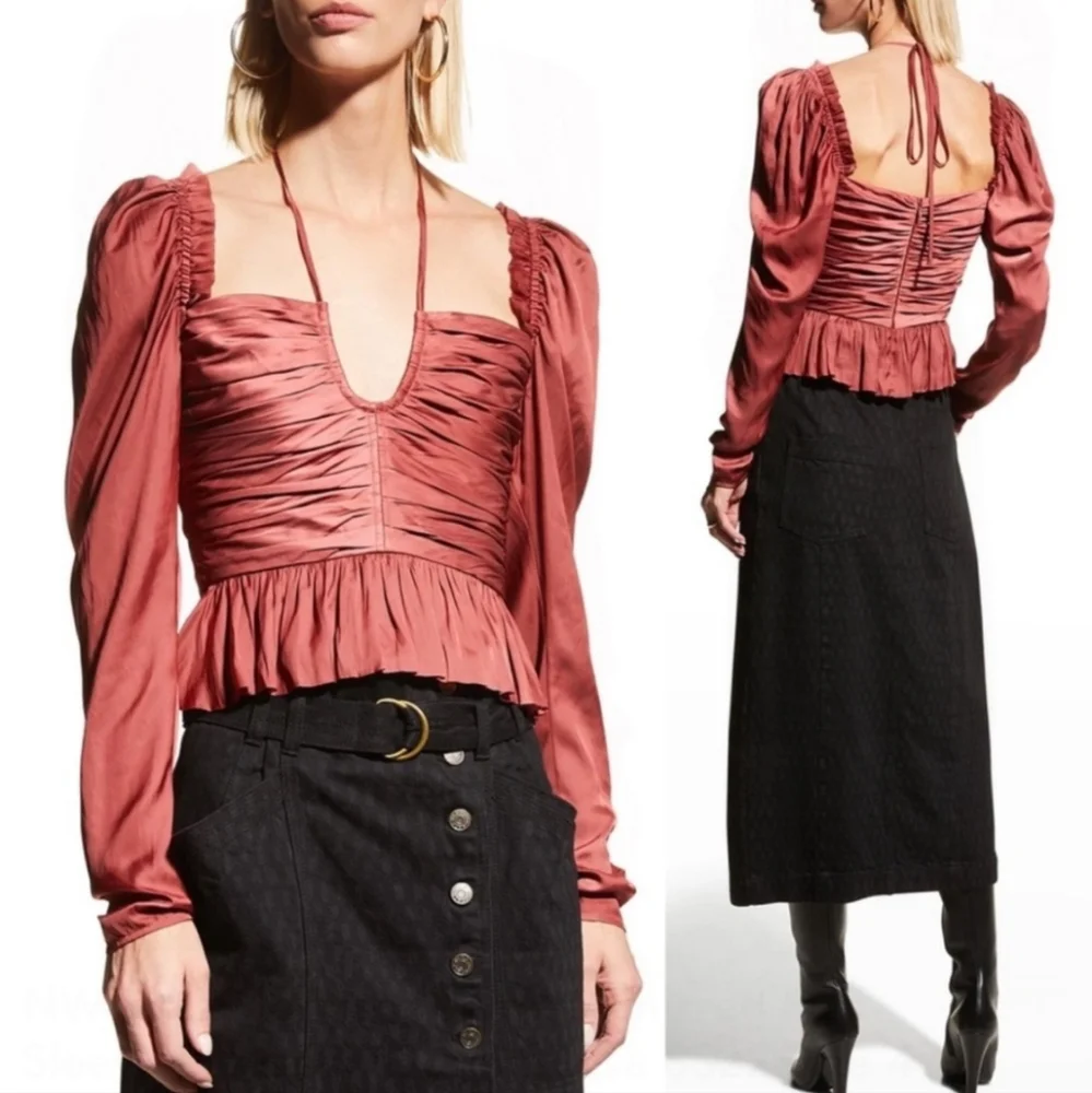 ULLA JOHNSON Mirelle Tie Halter Peplum Blouse Desert Rose Long Sleeve Size 8